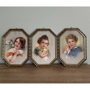 Set Of 3 Vintage Prints in Octagonal Gold Frames Poland - Children, Portraits